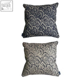 Two double sided cream oysters monochrome cushions with original screen print and swirling black abstract pattern