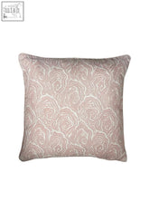 A square oysters venus pink cushion with a soft pink linen cushion featuring an original screen print and woven texture