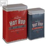 Red and navy blue retro metal hot rod storage canisters from paice with the original hot rod body shop branding