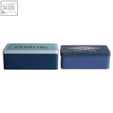 Two rectangular metal hot rod storage tins with teal gasoline lid and dark blue lid with red logo for rod storage