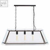 Palasso black finish pendant light with black metal frame rectangular shape clear glass panels and three exposed bulbs
