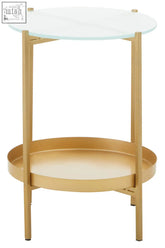 Gold finisHed pali two tier glass and iron side table with clear glass top and matching circular tray shelf