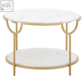 Gold-toned metal frame pali two tier side table with two white marble circular shelves for stylish storage