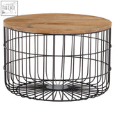 Black wire mesh pali wooden top side table with round mango wood surface and sturdy black iron cage base