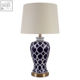 Paloma table lamp with navy blue ceramic base white geometric pattern and cream fabric shade for stylish white table decor