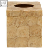 Beige seashell square tissue box with textured mosaic stone surface and circular opening for easy tissue access