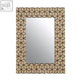 Rectangular palu black wall mirror with beige and black geometric seashell inlay frame in black resin