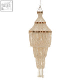 Beige macrame natural white shell large pendant with wooden bead accents and chain suspension large pendant shade