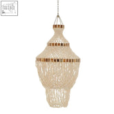 Beige woven bead chandelier with wooden bands featuring natural white and amber shell pendant shade design