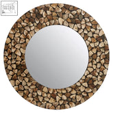 Palu round black wall mirror with seashell inlay and earth-toned stone frame in shades of brown and beige
