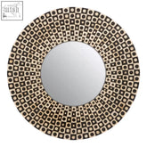 Palu round black wall mirror with an intricate shell inlay frame of alternating dark brown and cream squares with dots