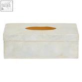 Palu white sea shell tissue box with smooth white marble and oval cutout showing warm amber shell tissue interior