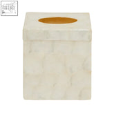 Palu white shell square tissue box made of white marble with a smooth surface and warm golden interior visible on top