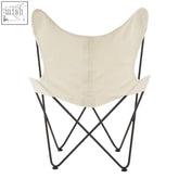 Cream-colored papillon ivory butterfly chair with durable canvas seat and sleek black metal frame for indoor or outdoor use