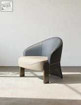 Modern pappas living room leather armchair with real two-tone gray and cream leather and dark wooden legs