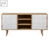 Light wood finished papua sideboard with two white textured doors and open shelves for media storage