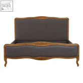 This classic parkside grey fabric super kingsize bed features an ornate light brown wooden frame with dark grey panels