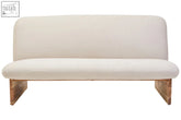 Cream linen textured 2 seater armless sofa with a wood base and cream linen upholstery in minimalist style