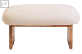 Cream linen textured parova footstool with wood base and cream-colored upholstered upholstery with wooden legs