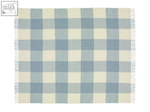 A soft cream and aqua pastel block check merino lambswool throw with fringed edges perfect for cozying up