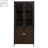 Black glass-door patna grey cabinet with geometric patterned lower section and gold-tone hardware
