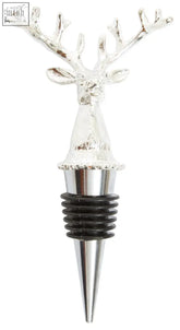 Silver stag bottle stopper with metallic deer design, antlers, and black rubber seal for wine bottles