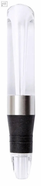 Clear glass wine aerator pourer with silver metal band and black rubber grip for easy wine aerator use
