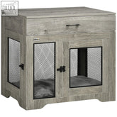 Gray wood-grain pawhut dog cage with black metal mesh doors and a top drawer for medium dogs