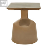 Pazo gold finish side table with gold tone, iron construction, square top, and tapered pedestal base with round base
