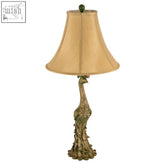 Bronze finished peacock table lamp with a beige silk bell textured fabric shade for elegant lighting