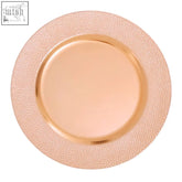 Rose gold hammered metal pebble effect charger plate with smooth center and textured outer rim for elegant table settings