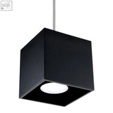 Black aluminum pendant lamp with modern quad design featuring a circular white led light bulb inside