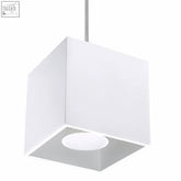 White aluminum cube pendant lamp with sleek modern design and recessed circular light bulb for stylish lighting
