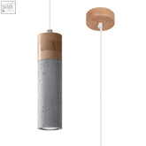 Cylindrical pendant lamp concrete with textured gray body and wood zane industrial design top cap for modern lighting