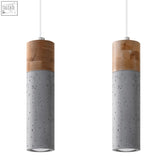 Two cylindrical pendant lamp concrete with warm wood zane industrial design and white cords for modern lighting