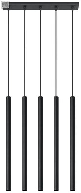 Black matte pendant lamp Pastelo 5 with six vertical rods and LED G9 light bulb suspended from ceiling mount