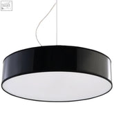 Black circular pvc pendant lamp with glossy finish and white diffuser designed for e27 light bulb use