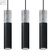 Three modern pendant lamps steel concrete borgio design with textured top and black smooth lower half light bulb inside