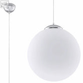 White frosted glass globe pendant lamp with chrome ceiling mount and cord featuring an e27 light bulb socket