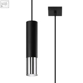Black cylindrical pendant lamp steel loopez with sleek chrome accent designed for modern light bulb use