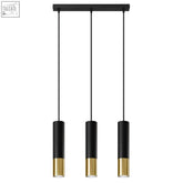 Black and gold steel pendant lamp with three modern slender light bulbs suspended from a sleek horizontal bar