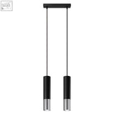 Black cylindrical steel pendant lamp with chrome accents hanging from rectangular ceiling mount uses gu10 light bulb