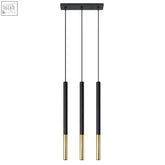 Black and brass pendant lamp with three slender steel rods and g9 light bulbs in a modern mozaica design