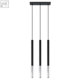 Black and chrome pendant lamp steel mozaica with three vertical cylindrical fixtures and g9 light bulbs suspended from ceiling mount