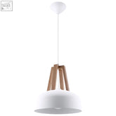 White pendant lamp with dome steel shade and natural wood arms designed for modern light bulb use e27 socket