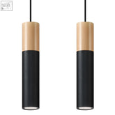 Minimalist pendant lamp steel with sleek black matte finish and natural wood top caps pablo modern design gu10