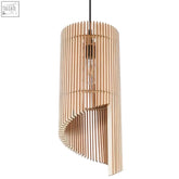 A modern pendant lamp wood alexia with spiral natural wood slats and an exposed light bulb in scandinavian design