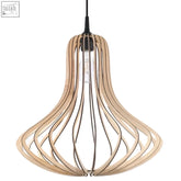 A modern beige pendant lamp wood Elza with natural wood slats curved design featuring an e27 light bulb