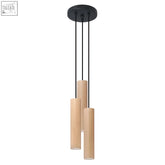 Modern black metal pendant lamp wood lino with three light beige cylindrical wooden shades in scandinavian design