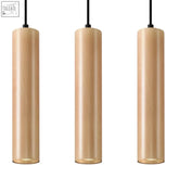 Three identical cylindrical pendant lamp wood lino with natural wood finish and black cords in scandinavian design